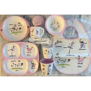 Baby Cie Toddler Girl Ballerina Divided Plate Suction Bowl Cups Bib 10pc Set